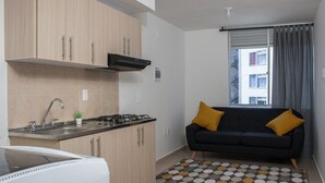 Une cuisine compacte dotée d’appareils électroménagers modernes, d’une cuisinière intégrée et d’un évier. On y trouve un canapé noir avec des coussins couleur moutarde et un tapis à motifs.