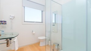 A modern bathroom with a glass shower enclosure, a glass sink, and a toilet. - Wytonia 2 - Ocean Views From Your Bed (Port Fairy)