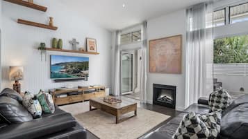 Smart TV, fireplace, books