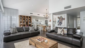 Smart TV, fireplace, books