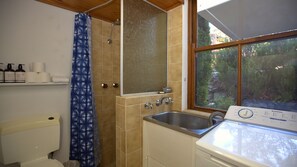 Combined shower/bathtub, towels