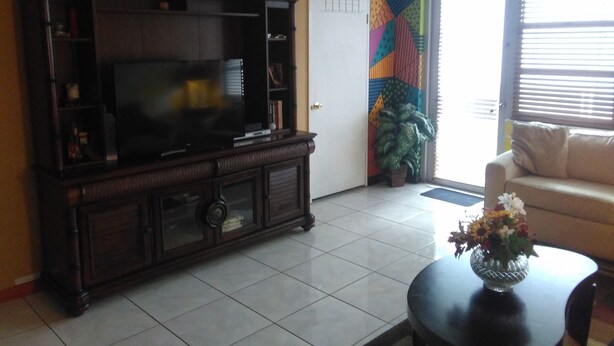 Una sala de estar con un mueble de centro de entretenimiento de madera oscura, un televisor, un sofá y una mesa de centro con un jarrón de flores.
