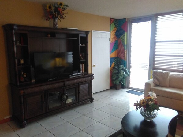 Flat-screen TV, DVD player, stereo, printers