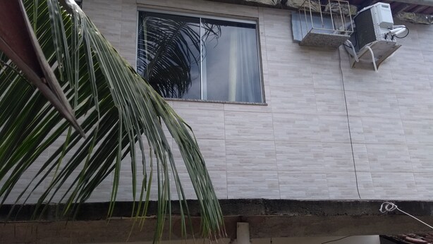 Une façade d’immeuble avec une fenêtre, un appareil de climatisation et un palmier.