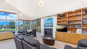 Smart TV, fireplace, DVD player, books