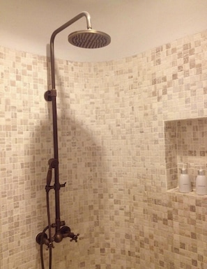 Shower, hair dryer, towels, soap