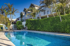 A swimming pool with a tiled deck, surrounded by a hedge and palm trees. - Byron Bay Beach Apartment BELONGIL BEACH (Byron Bay)