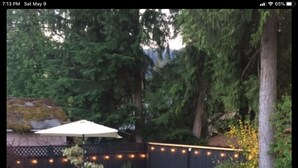 A patio area with a table and chairs, a bench, string lights, and a stone pathway.