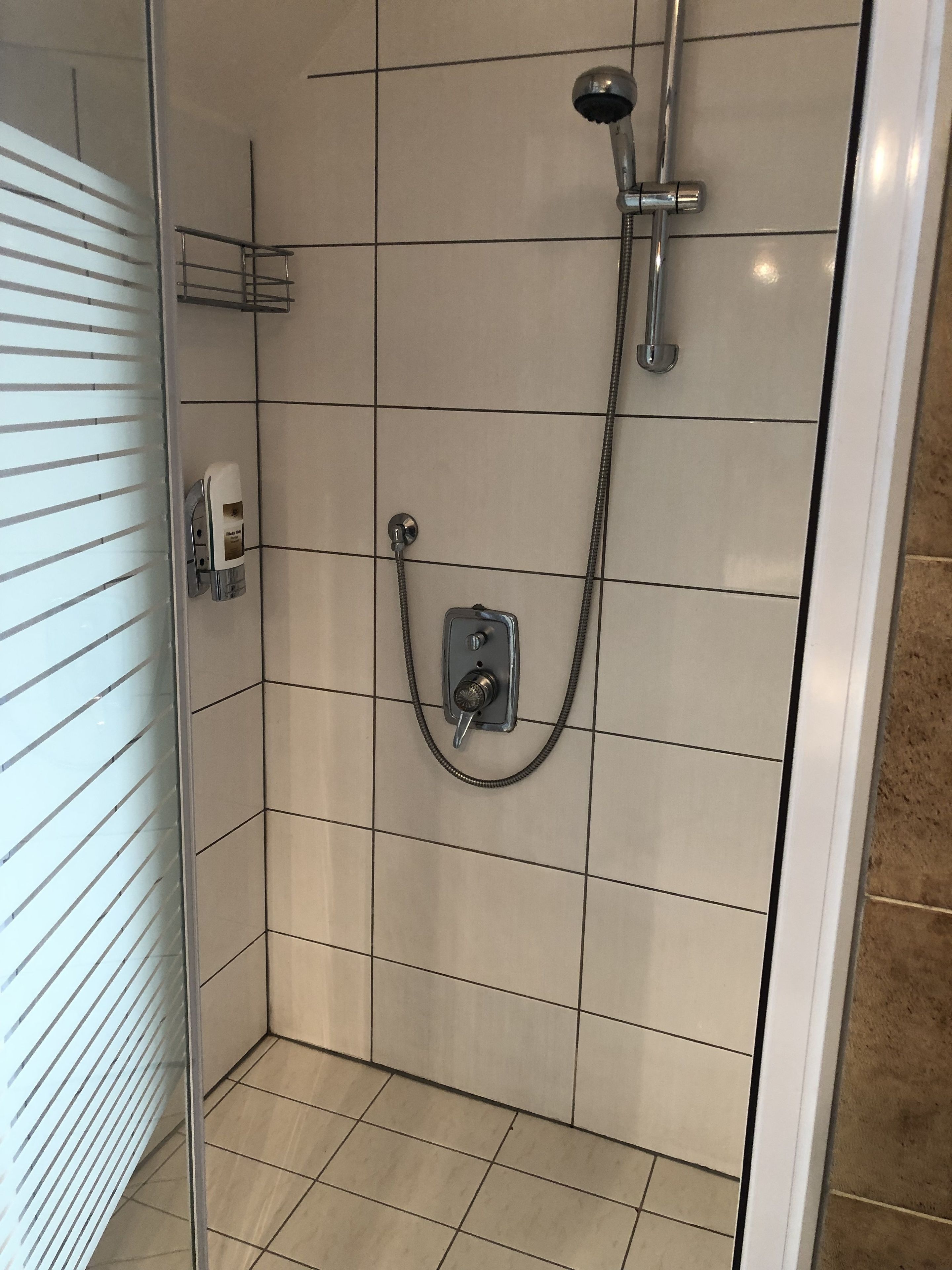 A shower with a handheld showerhead and a wall-mounted control panel.