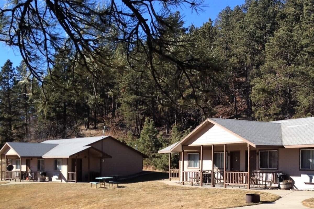 A row of cabins with a covered porch and a small deck, surrounded by dense forest.