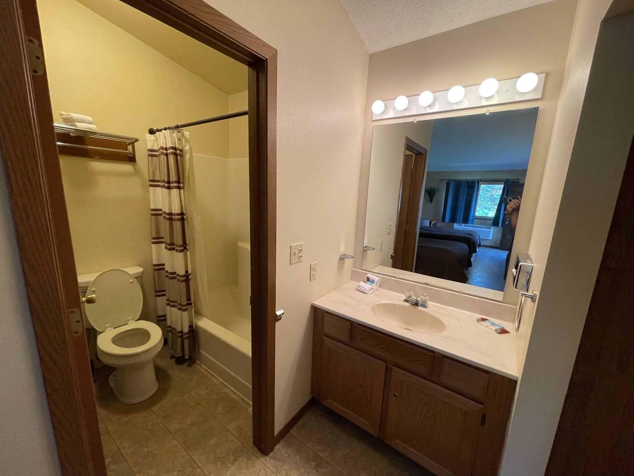 A bathroom with a toilet, shower, vanity with a mirror, and a sink.