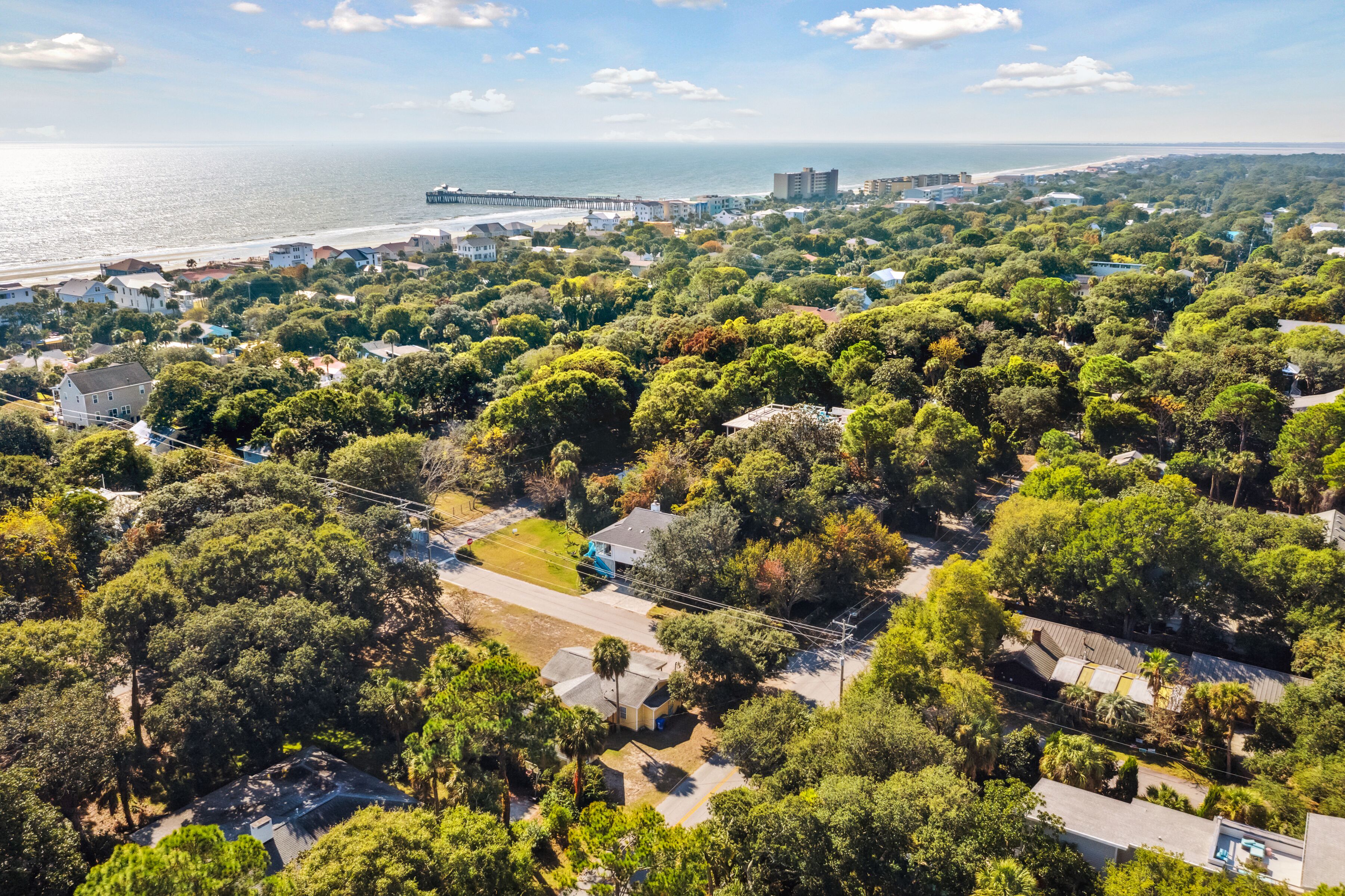 Vista aérea de una zona residencial con casas, árboles y una playa al fondo.
