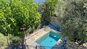 Una piscina rectangular con borde de piedra, rodeada por una valla metálica con detalles decorativos.