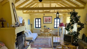 Una sala de estar acogedora con un sofá, una mesa de centro, un televisor y una chimenea. Hay ventanas con cortinas y una planta en una esquina.