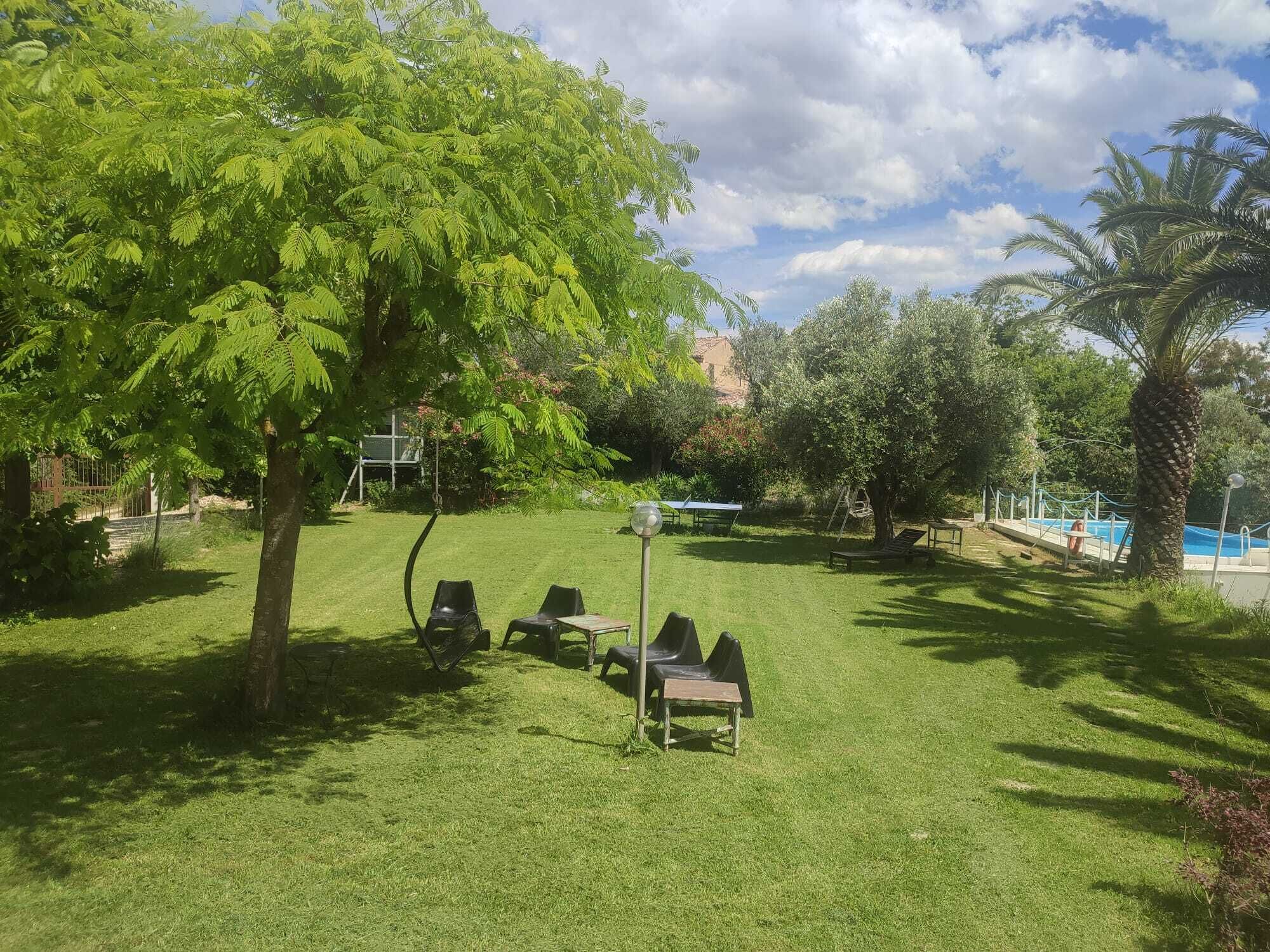 Un espace extérieur verdoyant avec une piscine, des arbres et du mobilier de jardin.