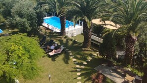 Ein Pool, umgeben von Palmen, mit Blick auf eine hügelige Landschaft im Hintergrund.