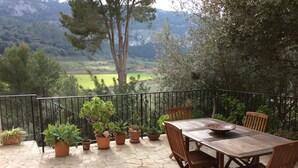 Un patio con mesa y sillas, rodeado de plantas en macetas y vistas a un paisaje montañoso.