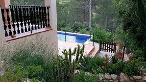 Una piscina rodeada de vegetación exuberante, con una cerca de madera y vistas al campo.