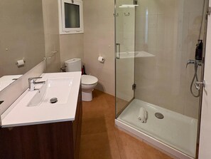 Hair dryer, towels, soap
