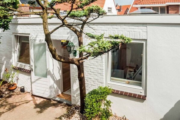 A white building with a tree in front, a door, and a window.