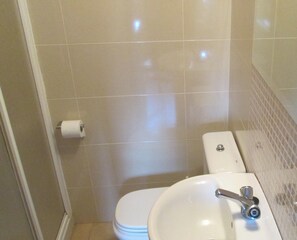 Een douche, een haardroger, handdoeken, zeep