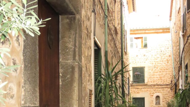 Un estrecho callejón empedrado, con una puerta de madera a la izquierda y una hilera de macetas a la derecha.