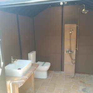 Een bad/douchecombinatie, een haardroger, handdoeken, zeep