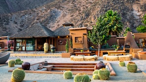 Un resort nel deserto con edifici a tetto di paglia, posti a sedere all'aperto e cactus.