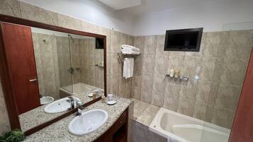Hair dryer, bidet, towels