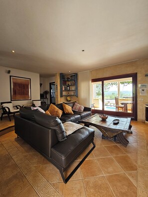 Télévision, cheminée, lecteur de DVD, livres