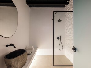 Shower, eco-friendly toiletries, hair dryer, bathrobes