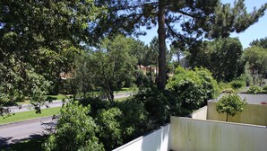 Un quartier résidentiel avec une route, des arbres et une clôture blanche.