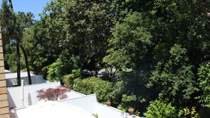 Un jardin sur le toit, agrémenté de plantes en pot et surmonté d’une auvent blanche.