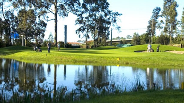 Un parcours de golf avec un étang, des arbres et quelques personnes.
