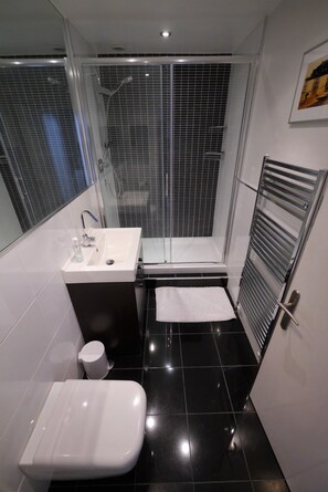 Dusche, Haartrockner, Handtücher, Seife