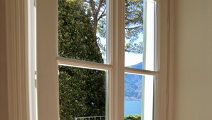 Eine weiße Tür mit Fensterglas, ein Metallgitter und Blick auf einen See und Berge.