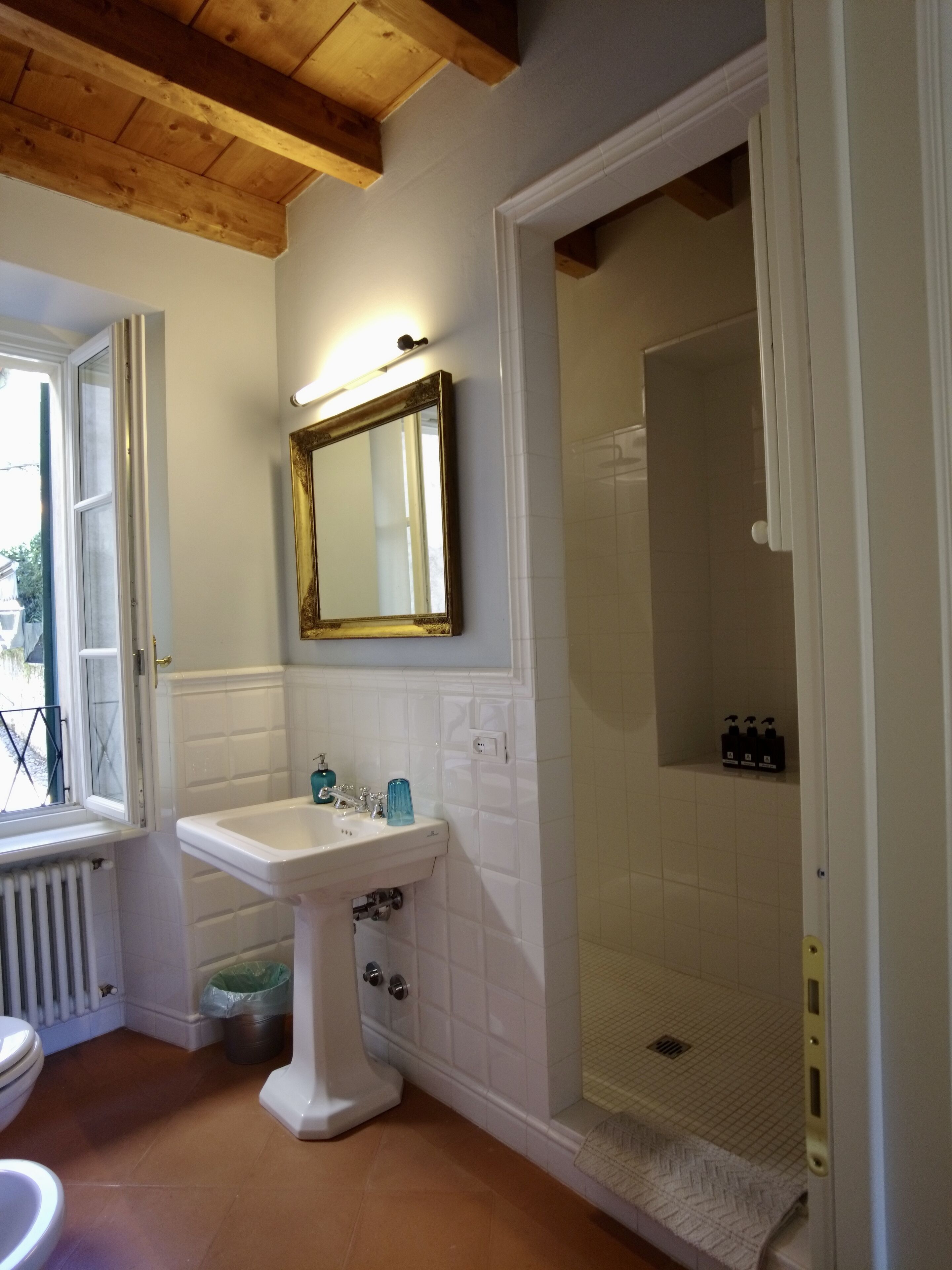 A bathroom with a pedestal sink, a mirror, a shower, and a radiator.