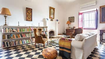 Una televisión, una chimenea, libros