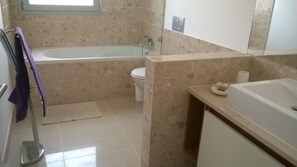Tina con regadera, secadora de cabello, bidet, toallas 