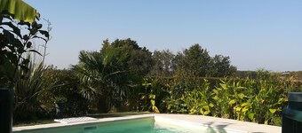 Tyst hus med pool och gunga på stora trädbevuxna grunder