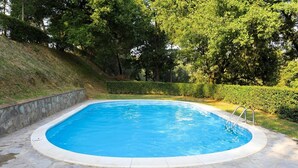 Et rektangulært swimmingpool med en stenkant, omgivet af en stentrappe og frodig vegetation.