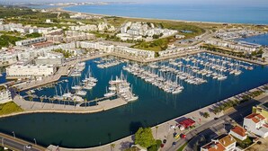 Vista aèria d'una marina amb nombroses embarcacions amarrades, envoltada d'edificis residencials i una vista despejada del mar.