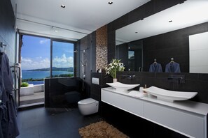 Combined shower/bathtub, hair dryer, bathrobes, slippers