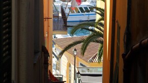A view from a balcony overlooking a marina with boats and flags, and a distant hill with buildings. - Holiday one bedroom apt, in heart of old town, lovely sea view (Villefranche-Sur-Mer)