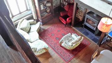 Smart TV, fireplace, DVD player, books