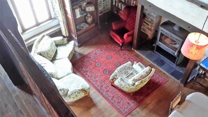 TV connectée, cheminée, lecteur de DVD, livres