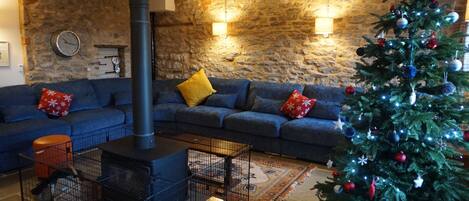 A cozy living room with a stone wall, a blue sofa, a Christmas tree, and a wood-burning stove.