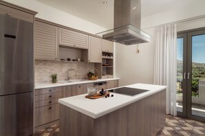 A modern kitchen with a central island, stainless steel appliances, and a view to the outside.