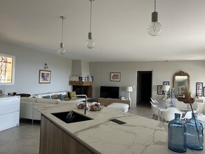 Télévision, cheminée, lecteur de DVD, livres