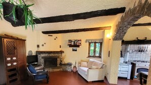 A cozy living room with a fireplace, a sofa, a wooden cabinet, and a hanging plant. - Fabulous Spectacularly Located Romantic Cottage With Private Infinity Pool (Carregine)